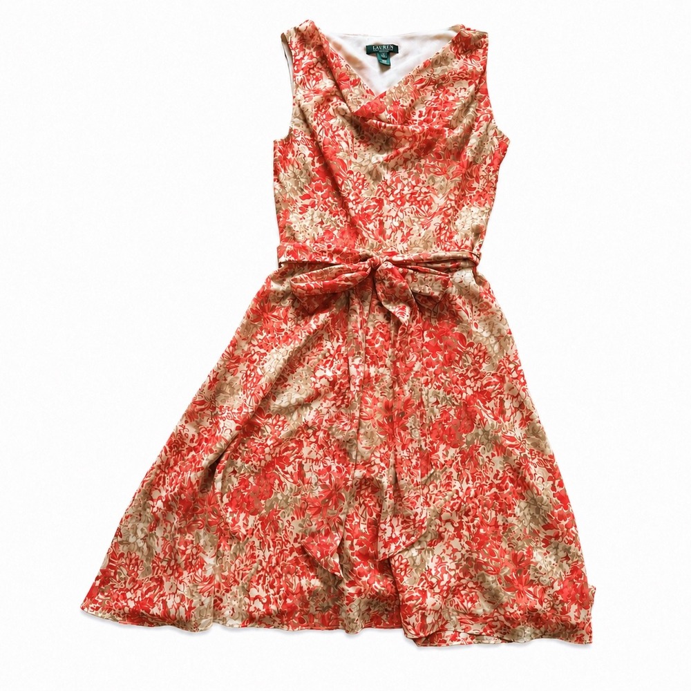 Lauren Ralph Lauren Floral Tea Dress Orange Tan Cowl Neck Belted Chiffon Sz 8